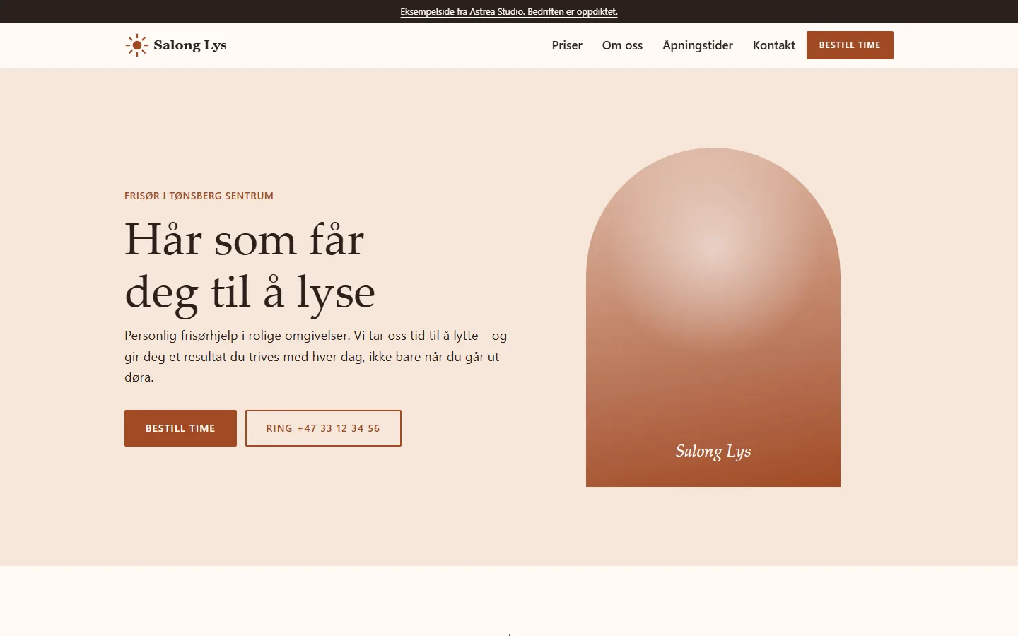 Skjermbilde av eksempelsiden Salong Lys