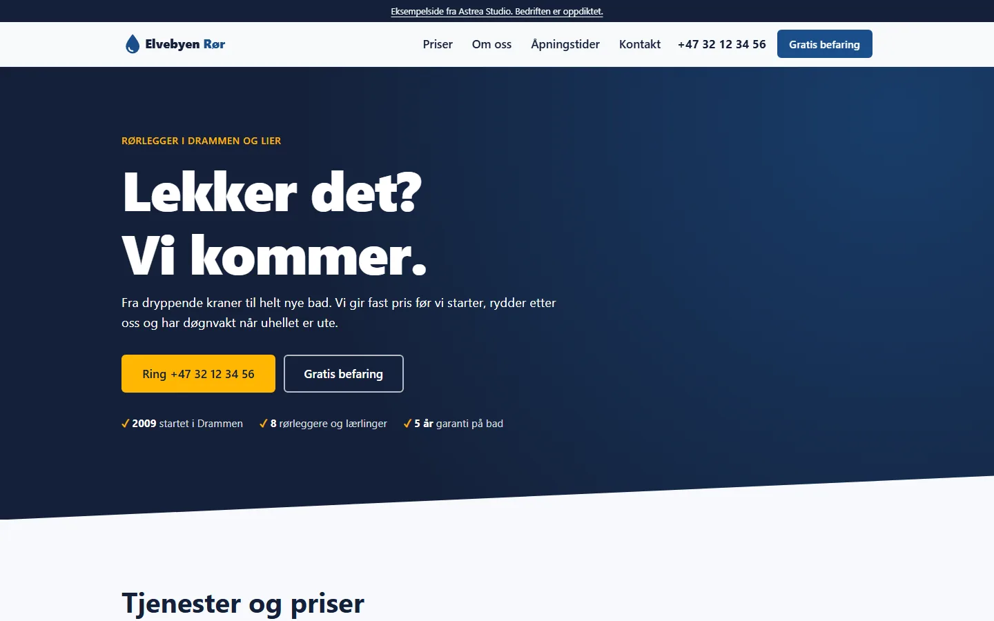 Skjermbilde av eksempelsiden Elvebyen Rør